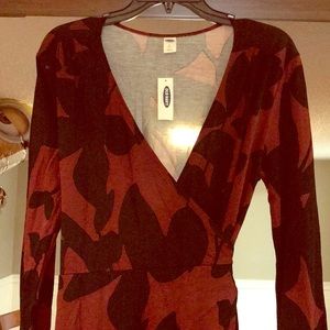 Maroon and black wrap dress.